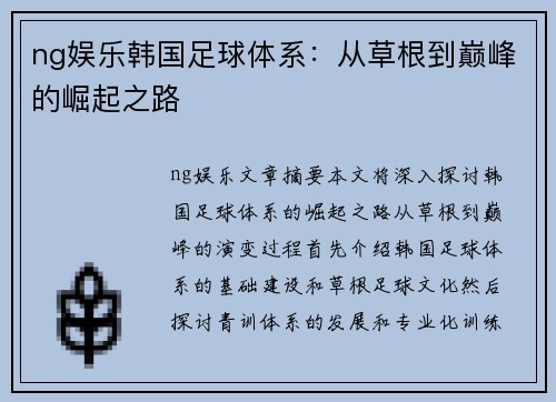 ng娱乐韩国足球体系：从草根到巅峰的崛起之路