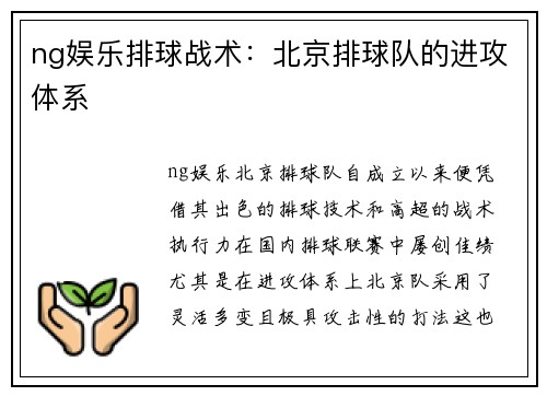 ng娱乐排球战术：北京排球队的进攻体系