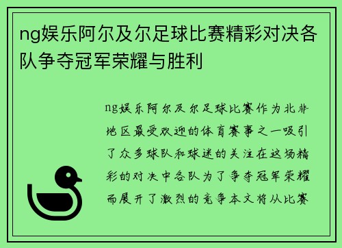 ng娱乐阿尔及尔足球比赛精彩对决各队争夺冠军荣耀与胜利