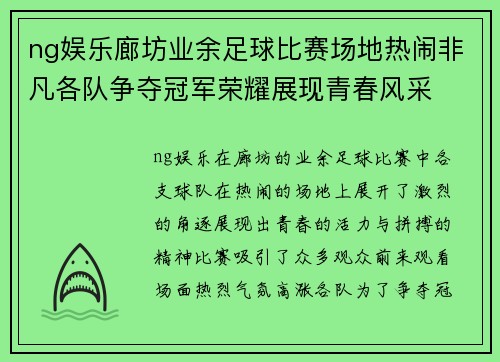 ng娱乐廊坊业余足球比赛场地热闹非凡各队争夺冠军荣耀展现青春风采
